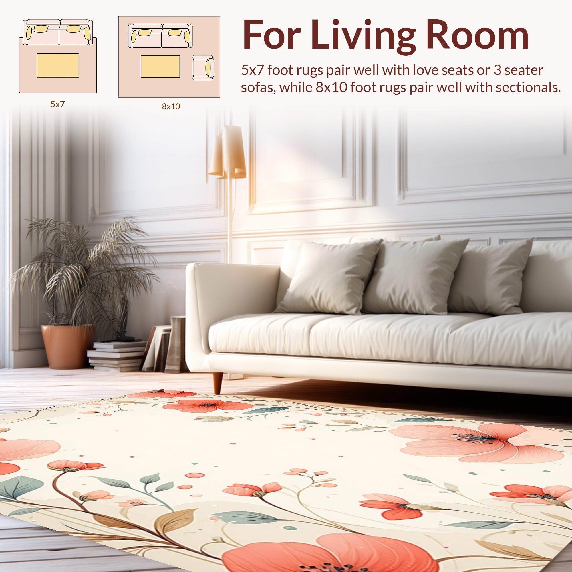 Coral Floral Whimsical Vine Pattern Rug