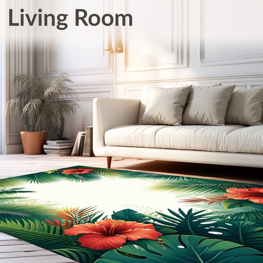 Tropical Hibiscus Green Leaf Pattern Rug