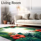 Tropical Hibiscus Green Leaf Pattern Rug