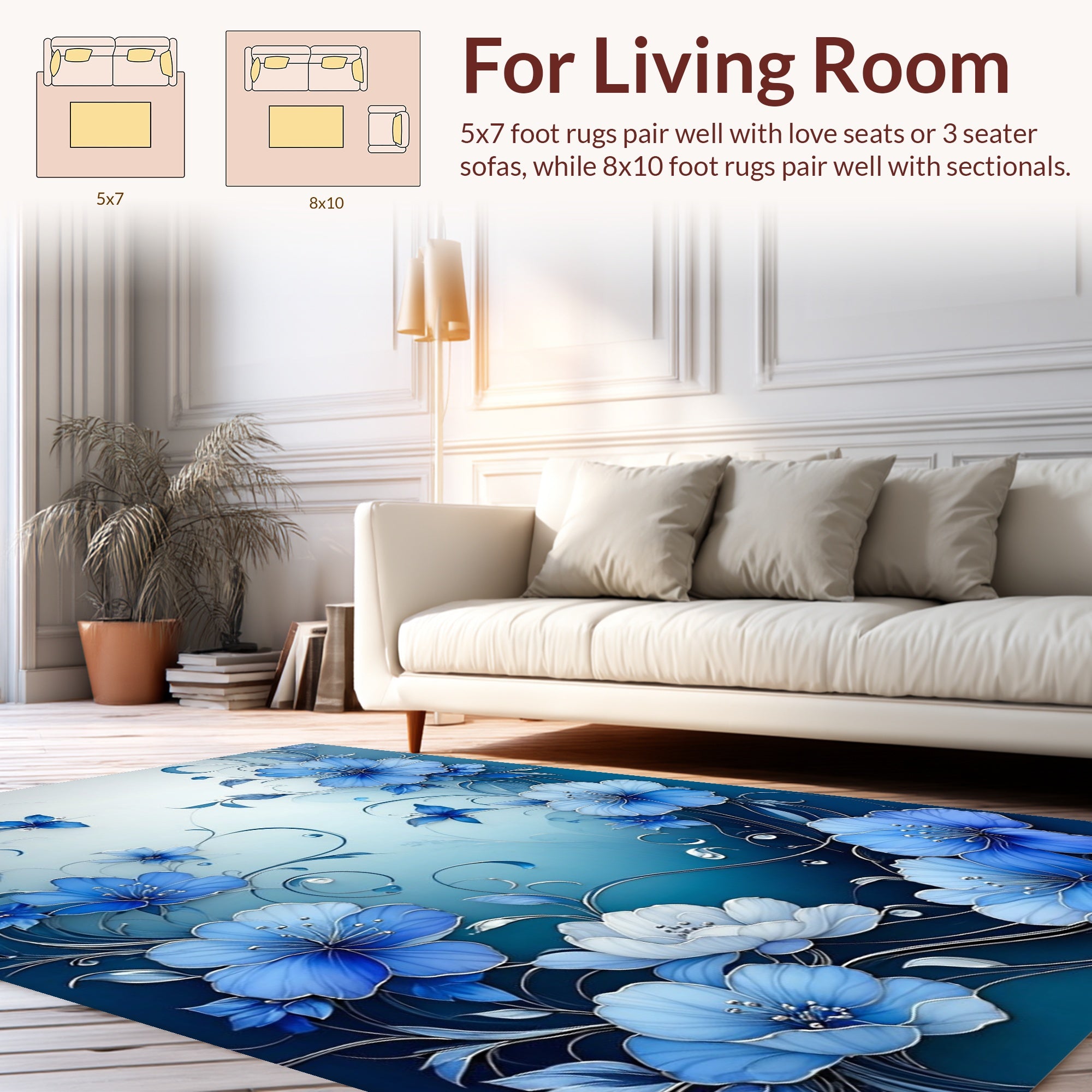 Elegant Blue Floral Swirls Design Rug
