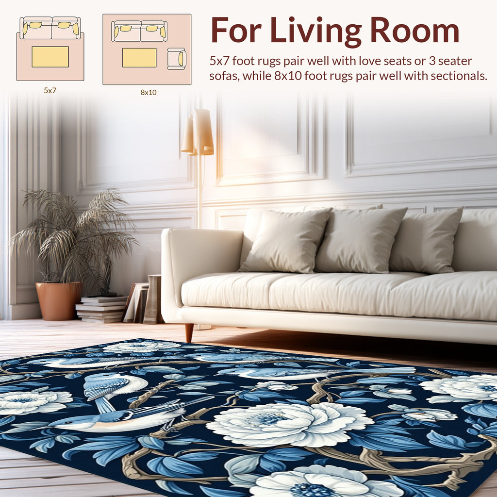Elegant Blue Birds White Peony Pattern Rug