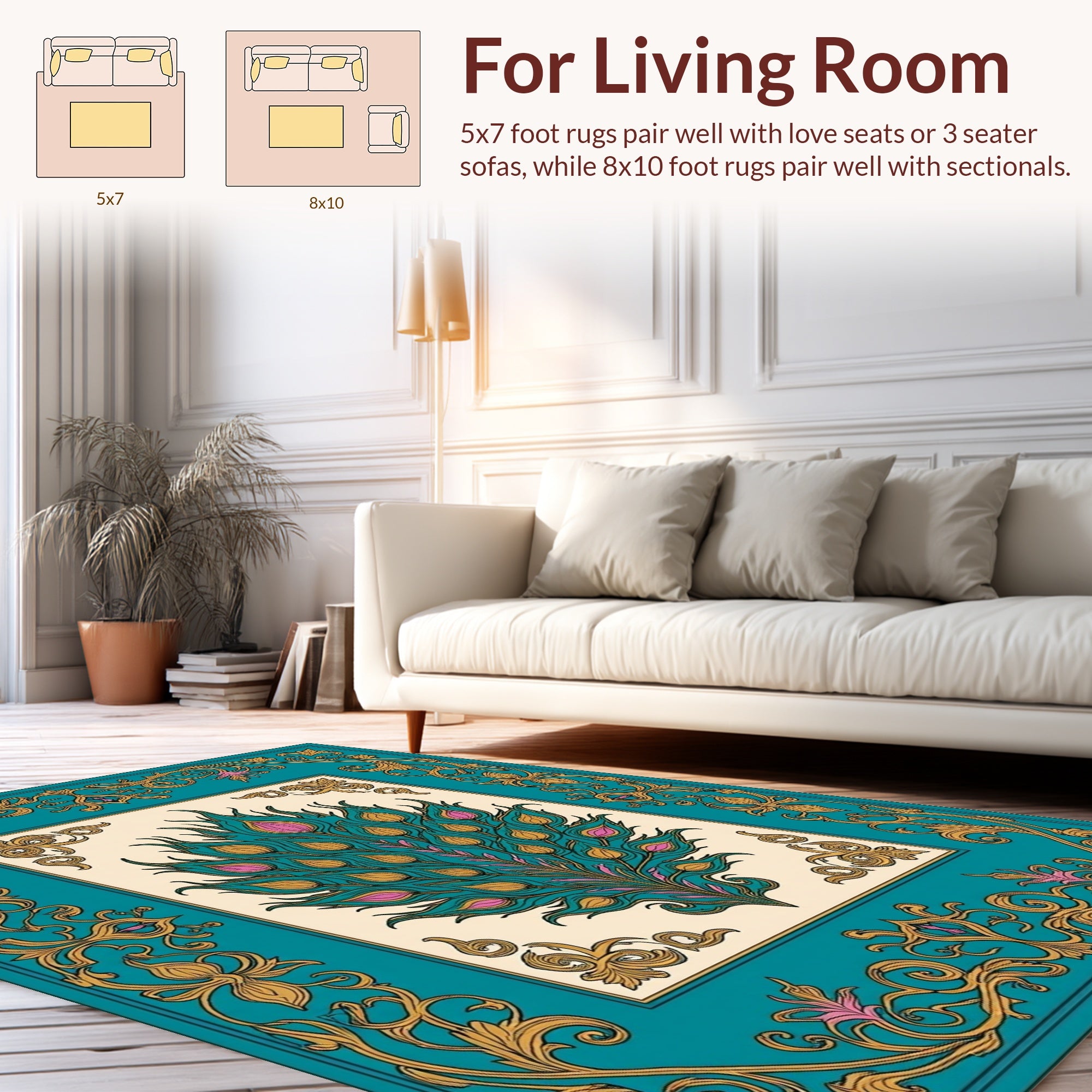 Ornate Teal Gold Peacock Feather Design Rug