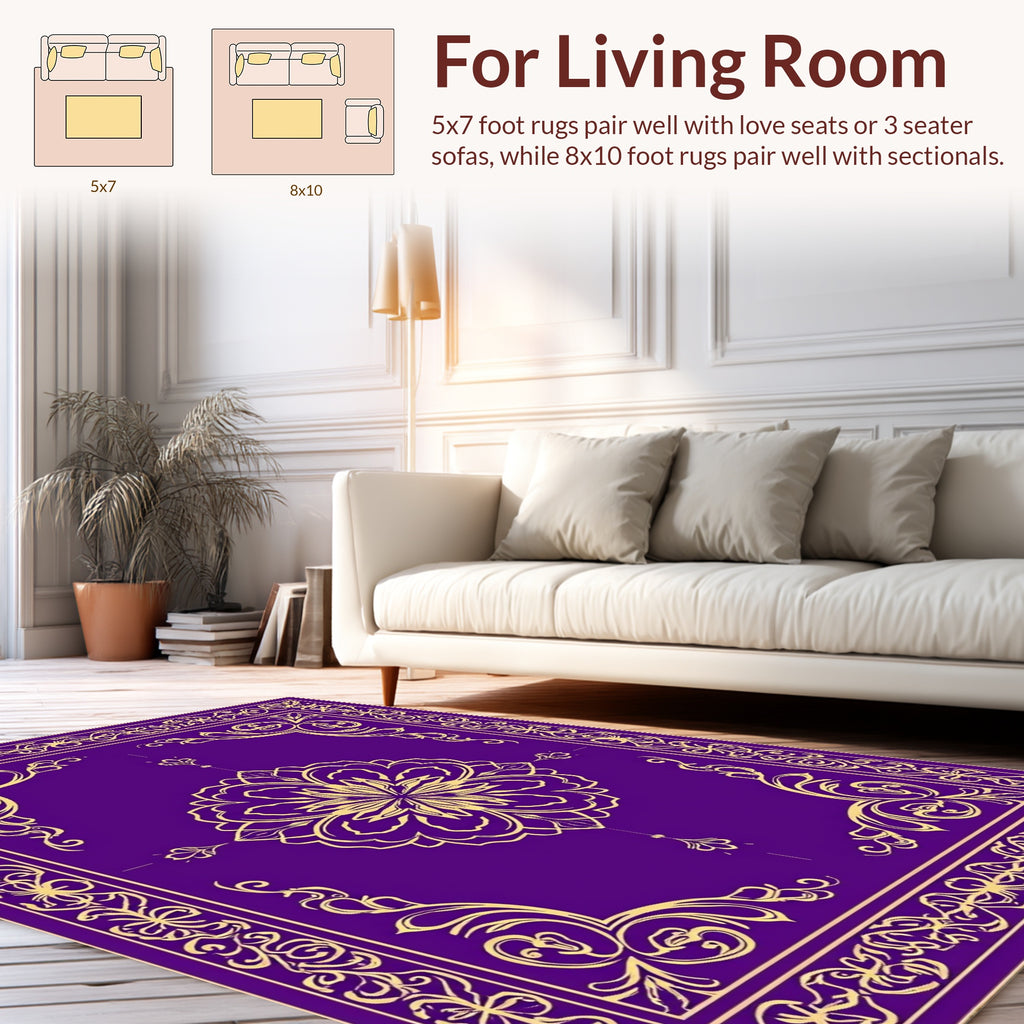 Regal Purple Golden Floral Design Rug