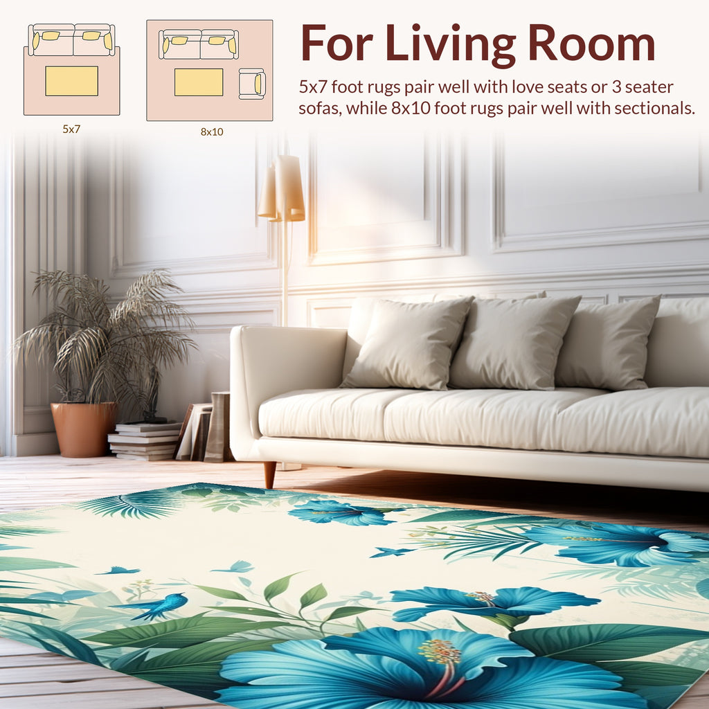 Tropical Blue Hibiscus and Fern Botanical Design Rug