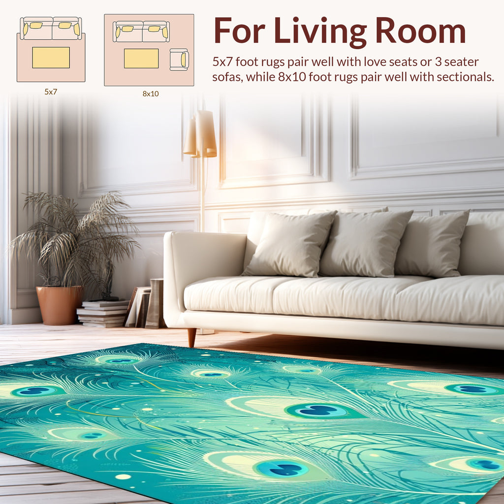 Teal Cream Peacock Feather Design Rug