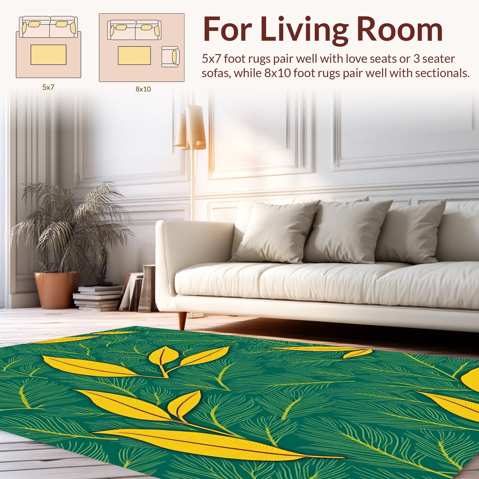 Vibrant Yellow Leaf Botanical Pattern Rug