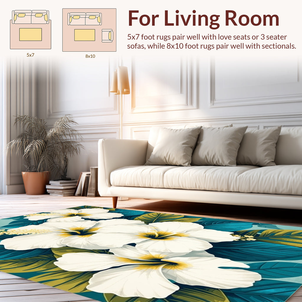 White Hibiscus Tropical Floral Design Rug