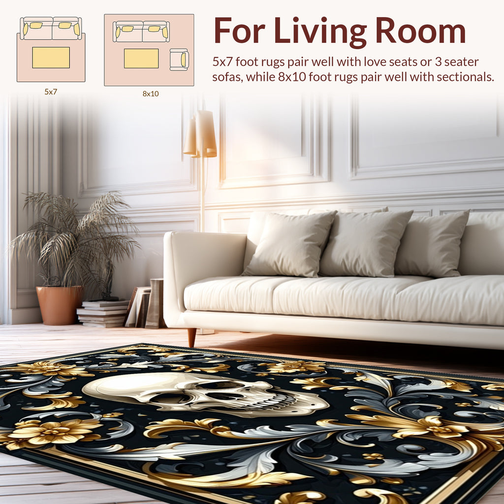 Ornate Skull And Gold Floral Pattern Rug