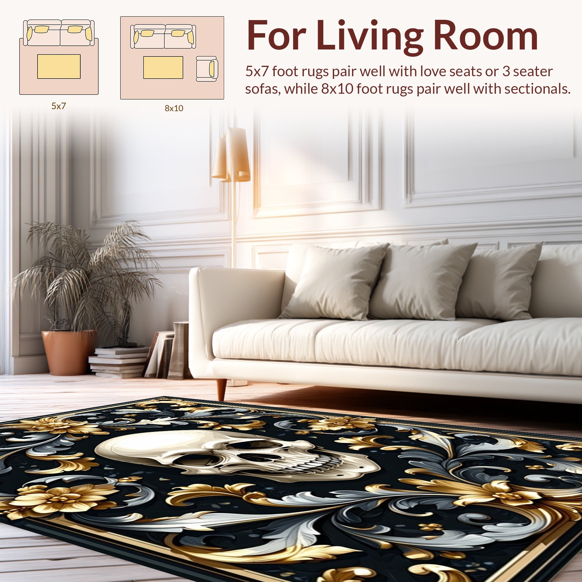 Ornate Skull And Gold Floral Pattern Rug