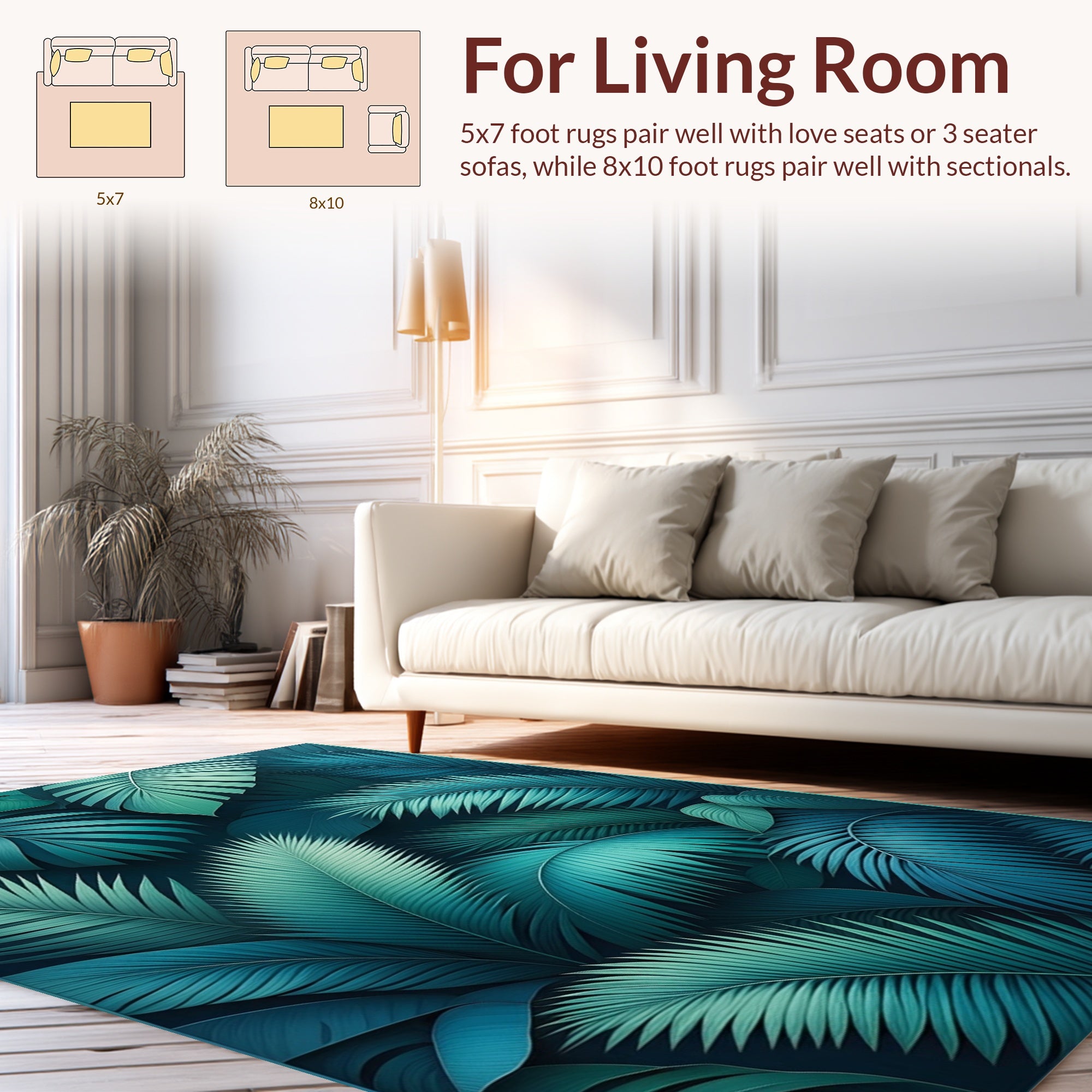 Deep Teal Tropical Leaf Pattern Rug