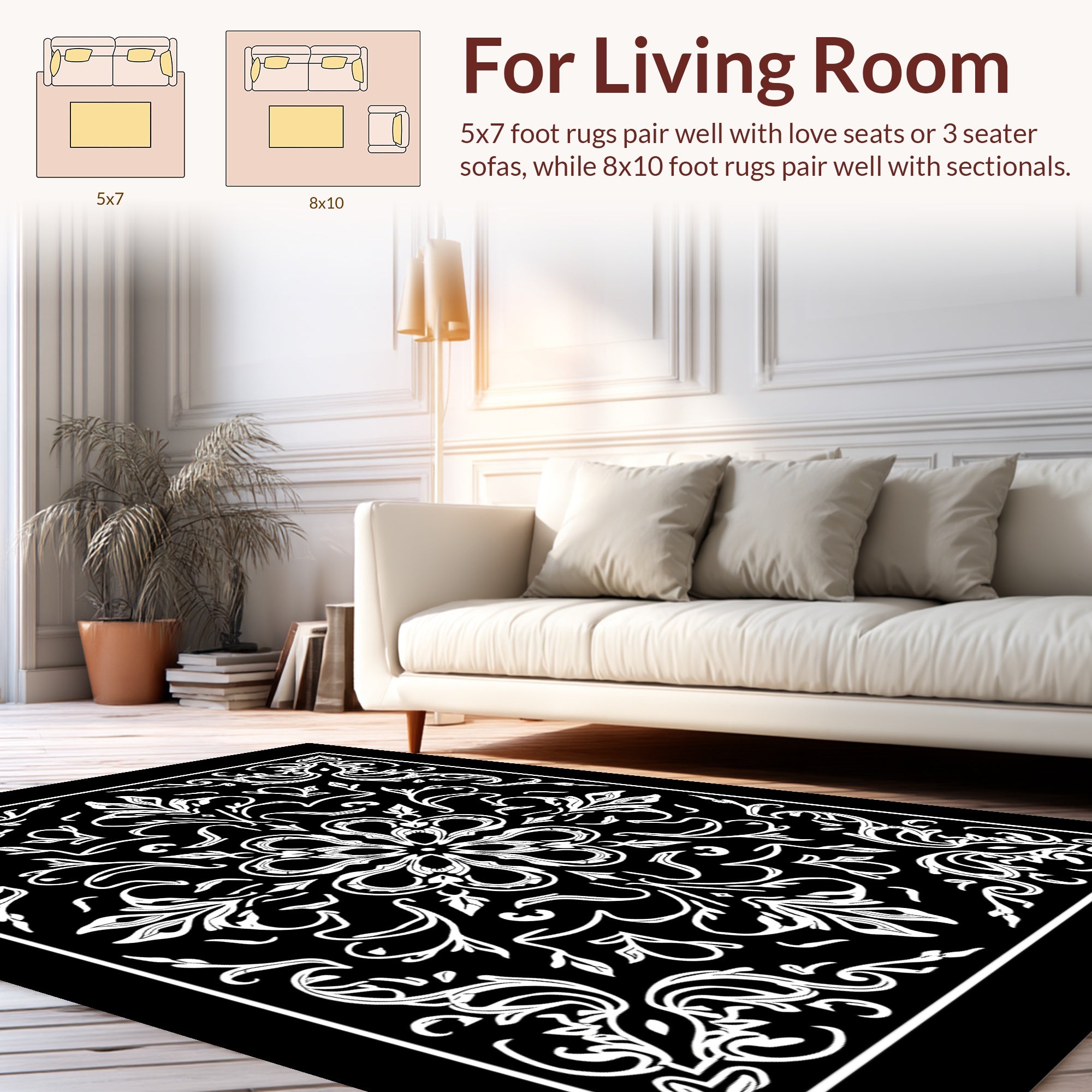 Black White Detailed Floral Medallion Rug