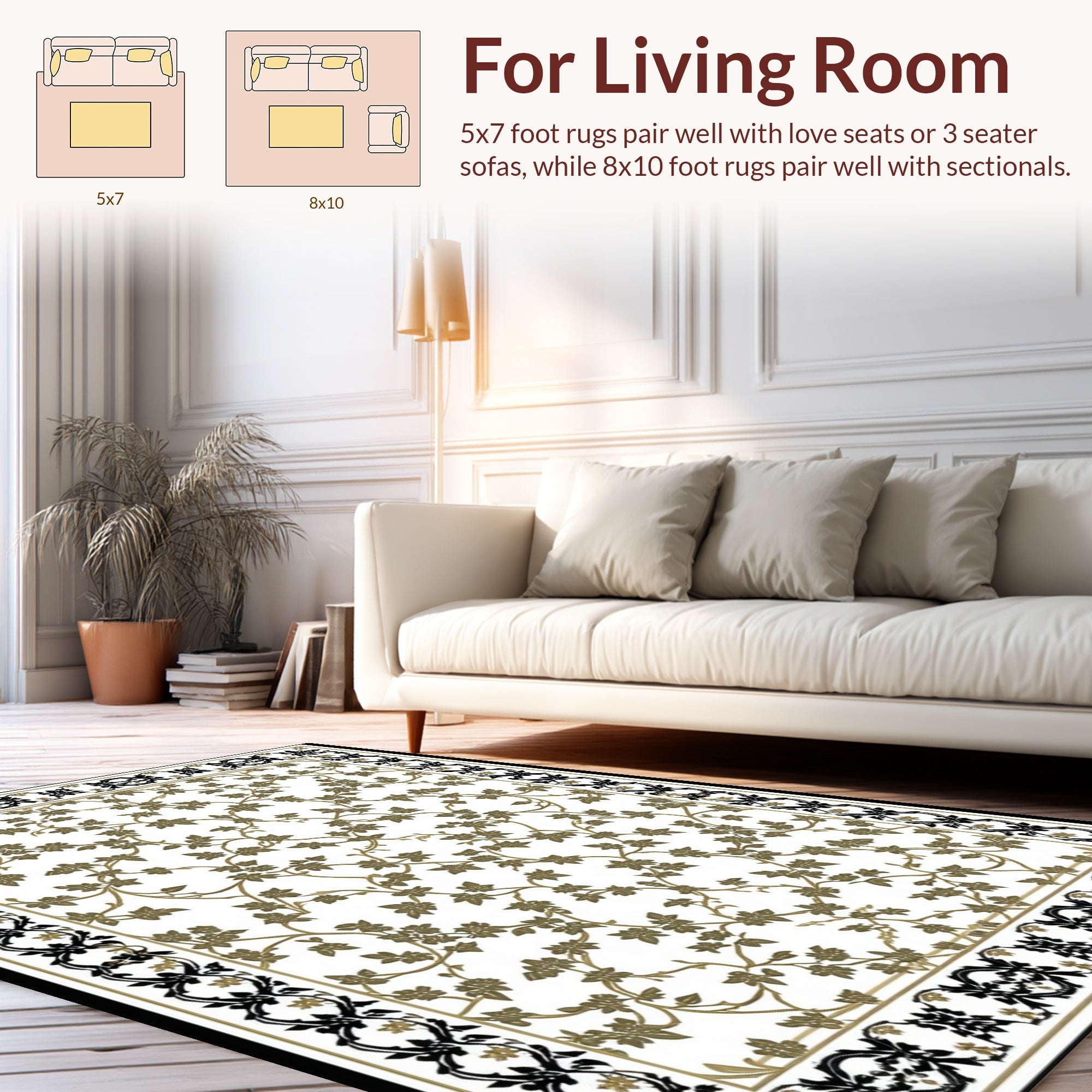 Golden Floral Vines with Black Border Rug