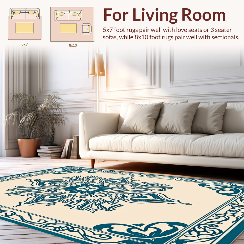 Elegant Teal Floral Scrollwork Rug