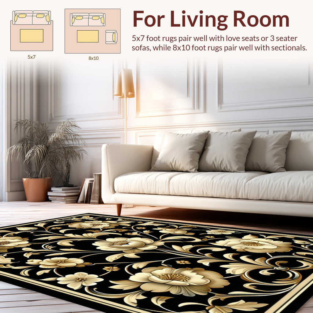 Ornate Floral Swirls Black Gold Rug