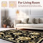 Ornate Floral Swirls Black Gold Rug