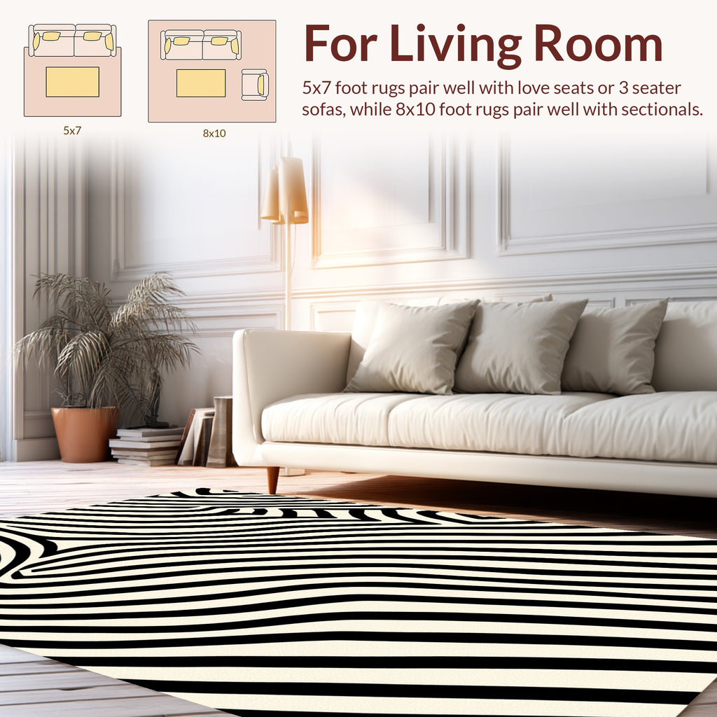 Abstract Black Ivory Wavy Lines Rug
