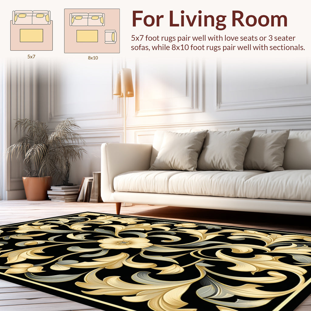 Ornate Floral Scrollwork Black Rug