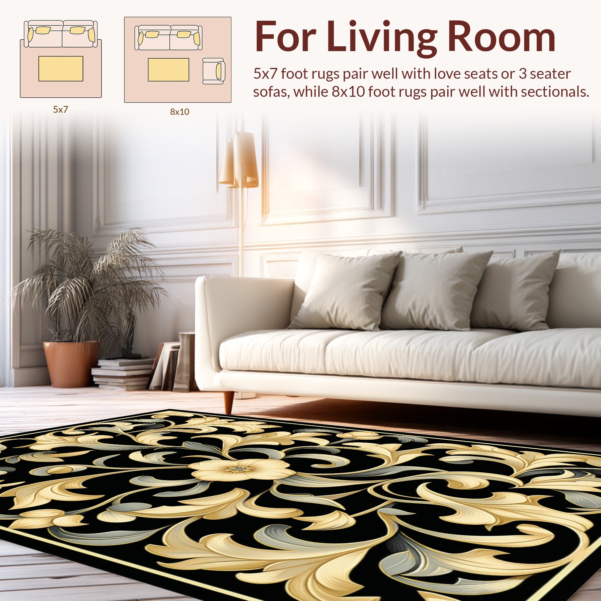 Ornate Floral Scrollwork Black Rug