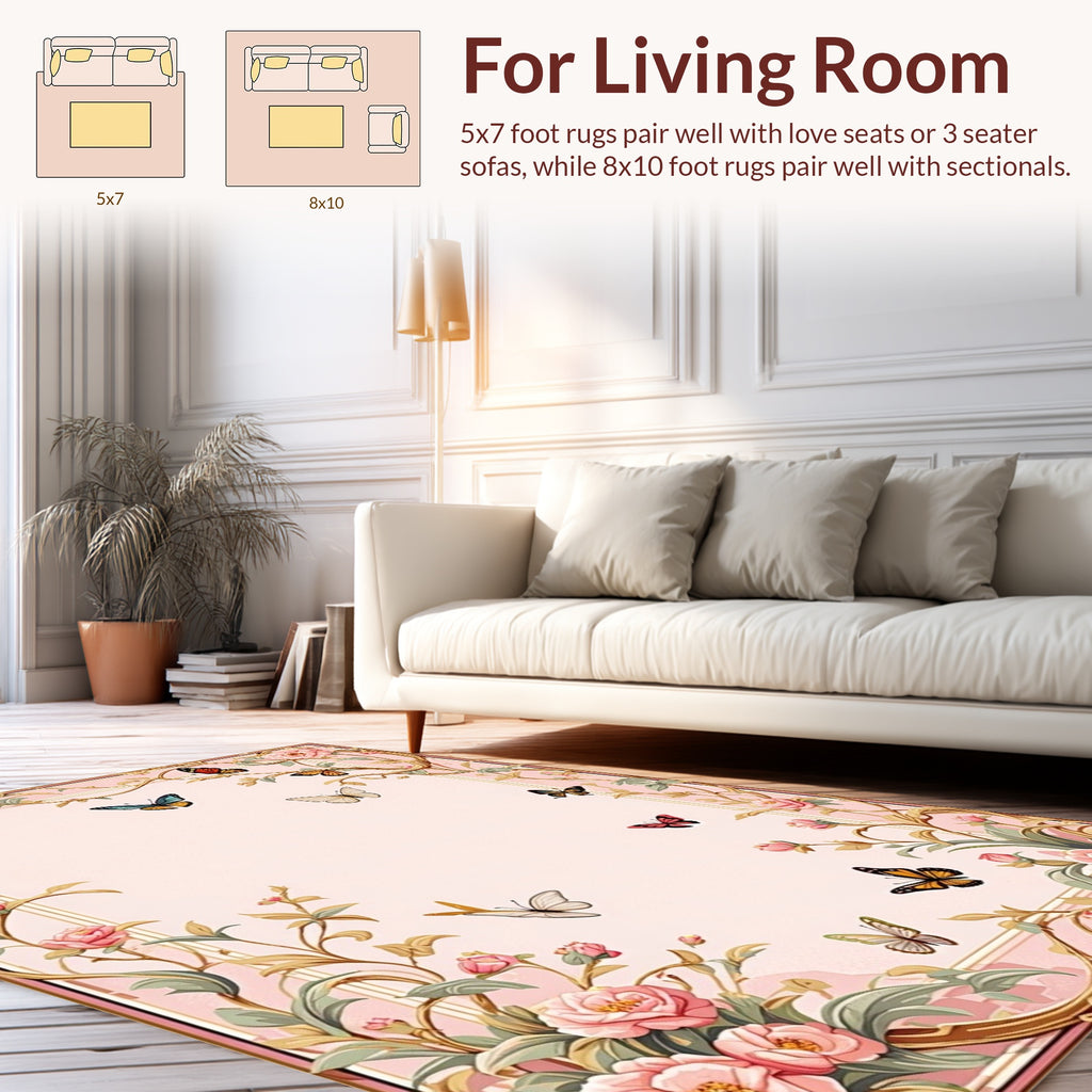 Floral Butterfly Patterned Romantic Rug