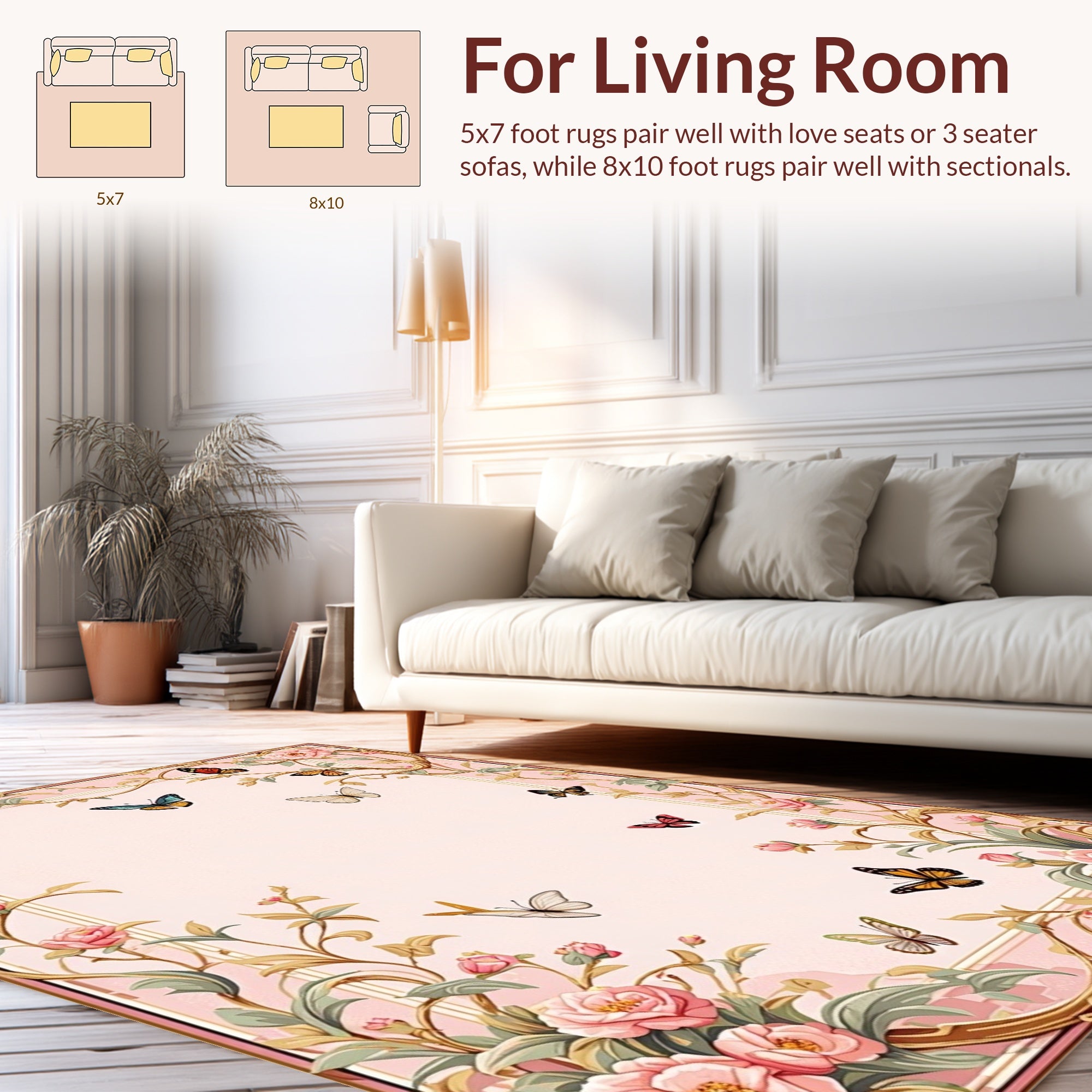 Floral Butterfly Patterned Romantic Rug