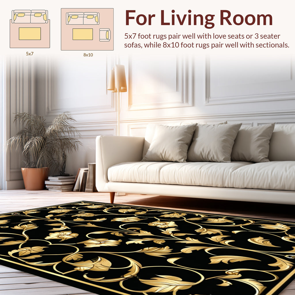 Elegant Gold Floral Vine Pattern Rug
