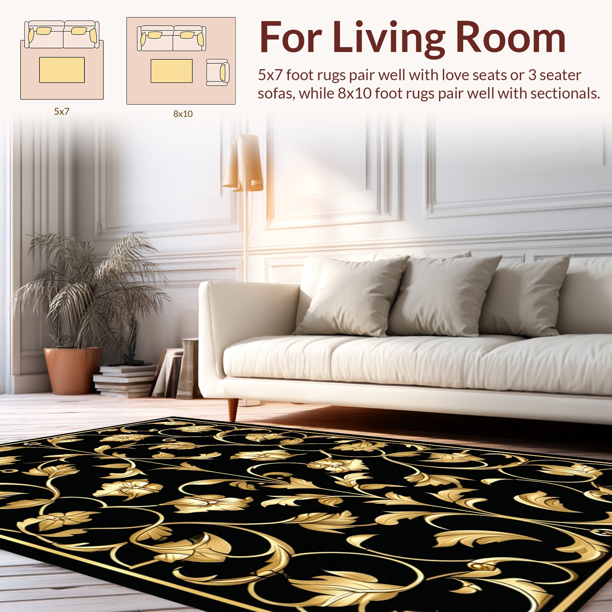 Elegant Gold Floral Vine Pattern Rug