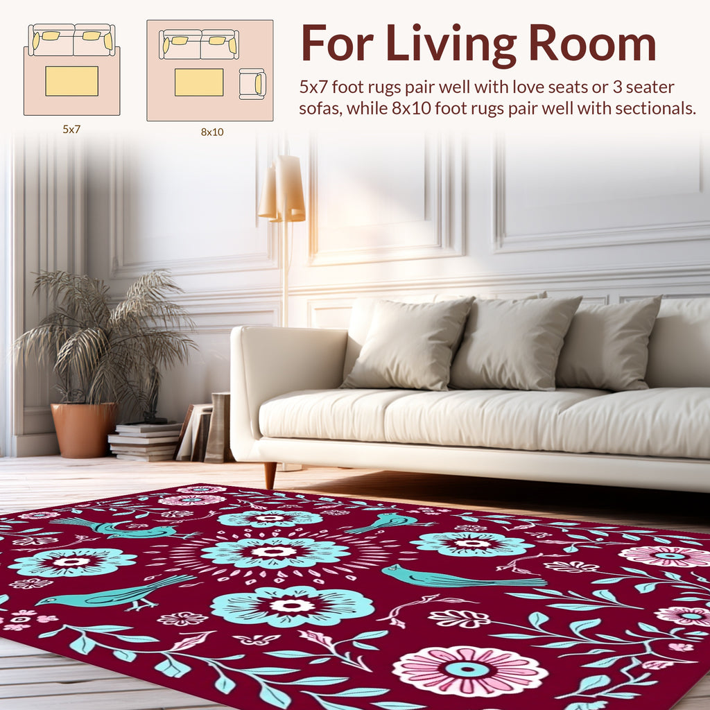 Charming Birds Floral Folk Art Rug
