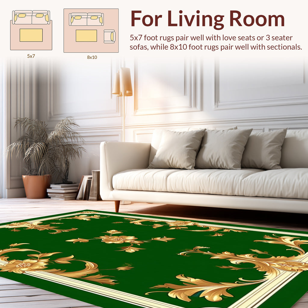 Green Gold Ornate Floral Scroll Rug