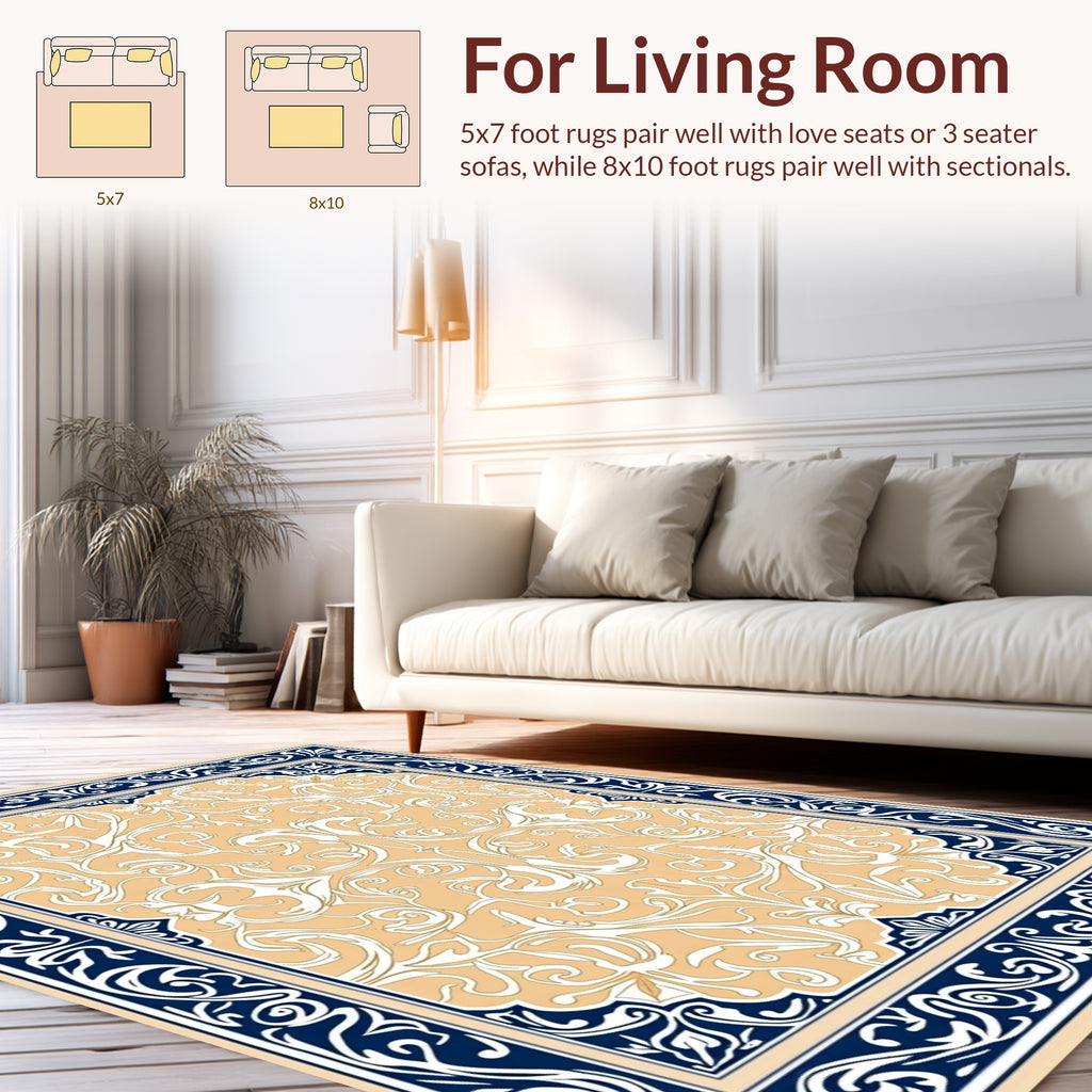 Ornate Cream Navy Floral Scroll Rug