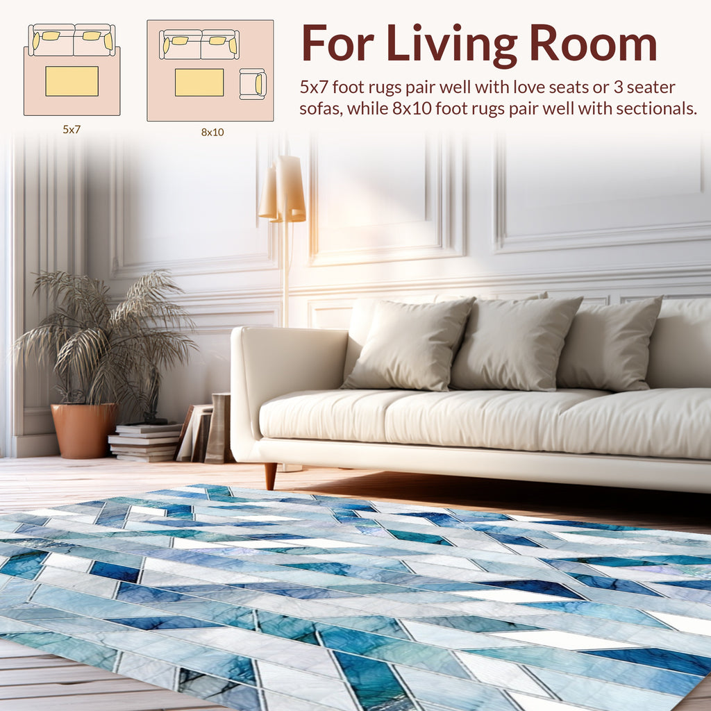 Geometric Blue White Water Effect Rug