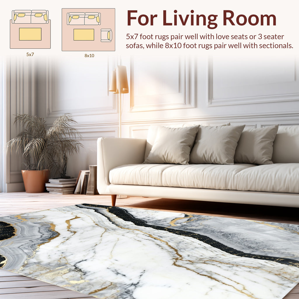Black White Gold Veined Marble Design Rug