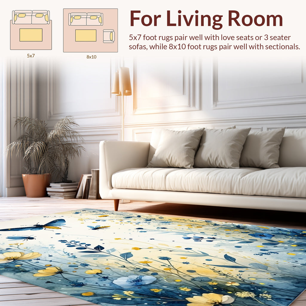 Blue And Yellow Floral Insect Design Rug