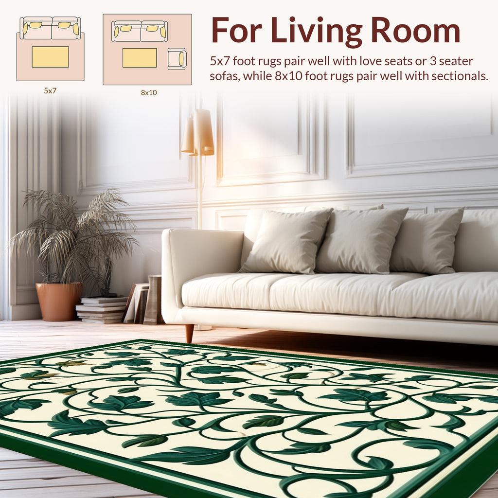 Dark Green Floral Swirl Pattern Rug