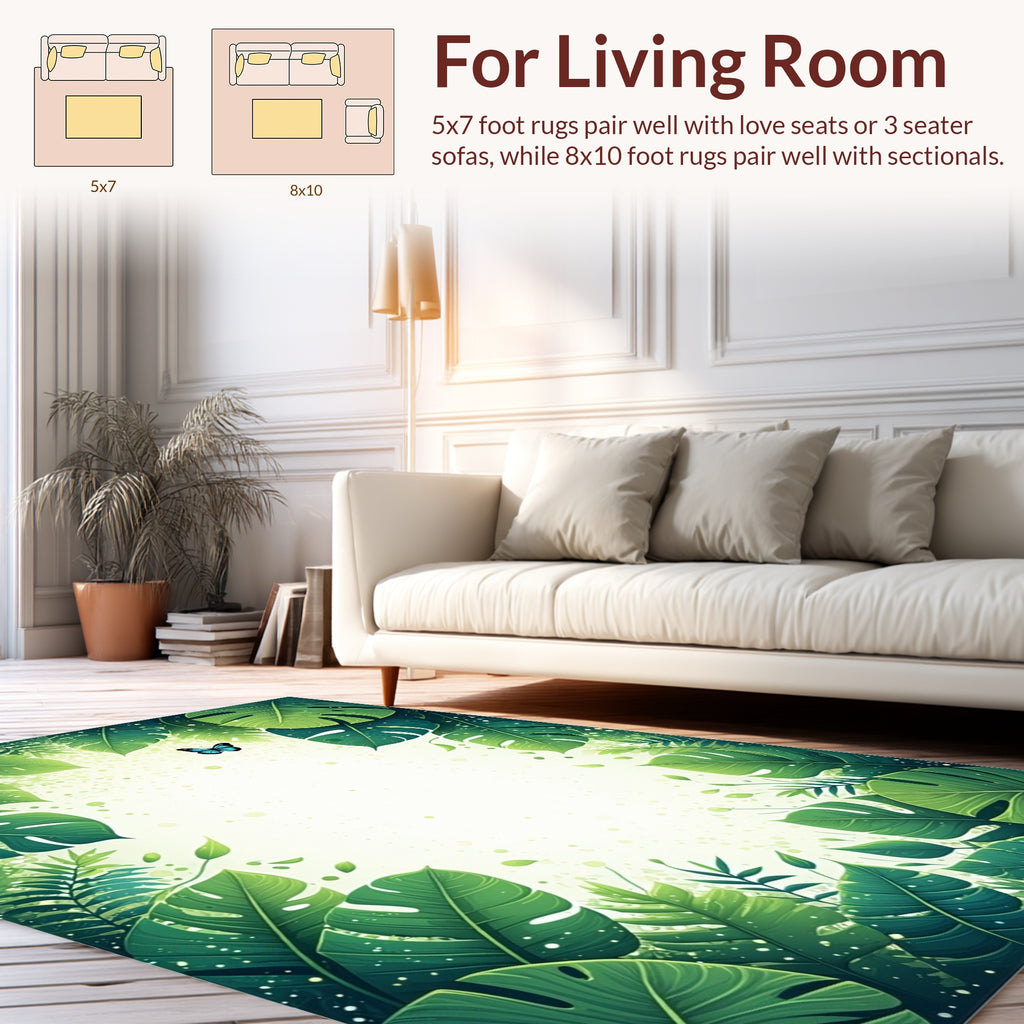 Lush Green Tropical Leaf Pattern Rug
