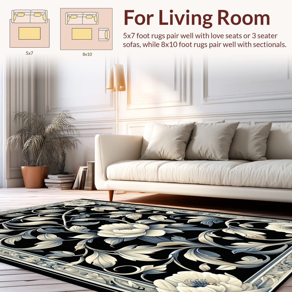 Black Floral Leaf Intricate Pattern Rug
