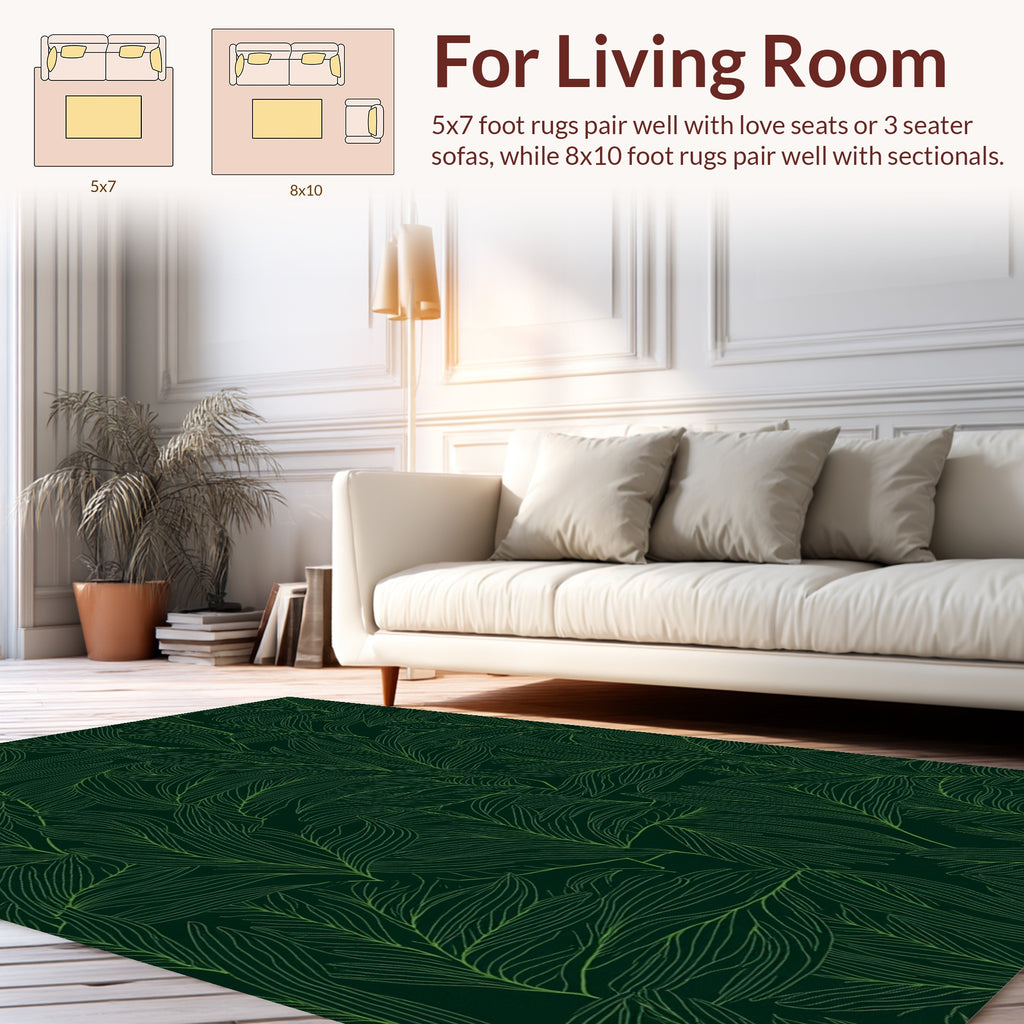 Emerald Green Leafy Botanical Line Art Rug