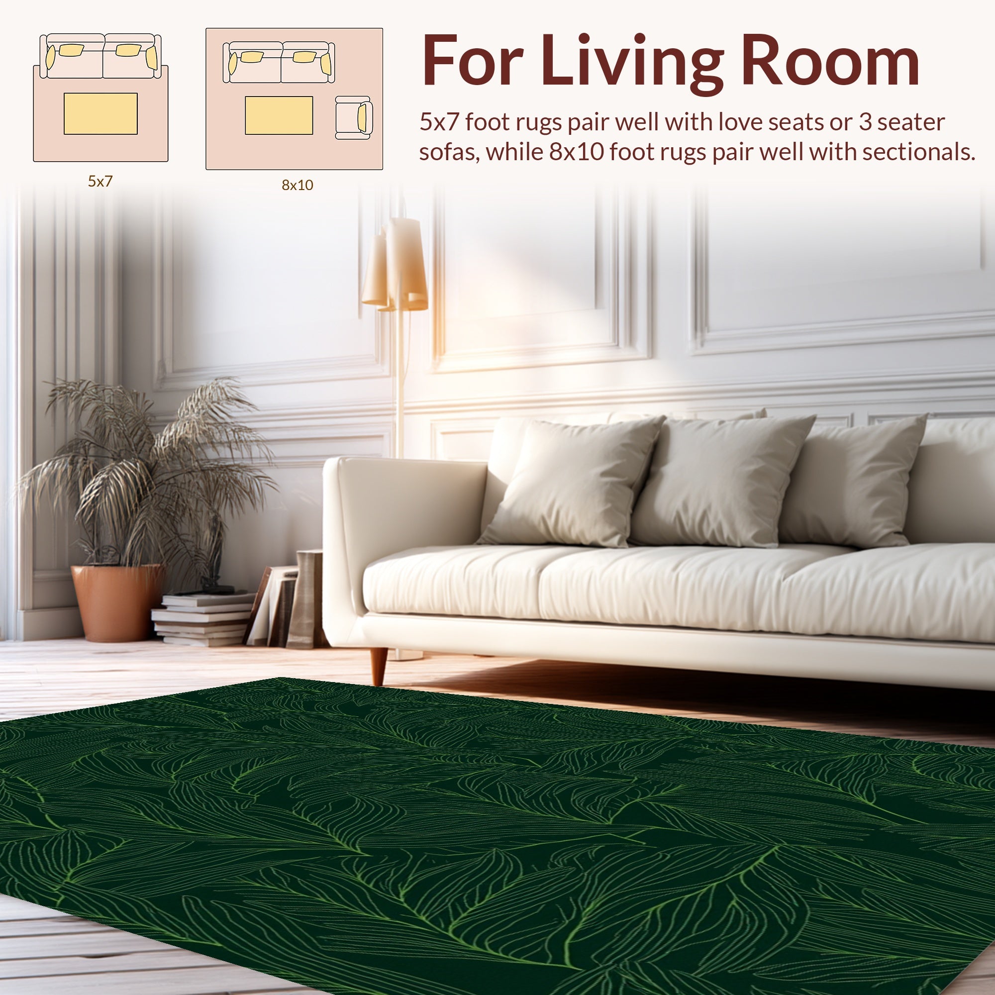 Emerald Green Leafy Botanical Line Art Rug