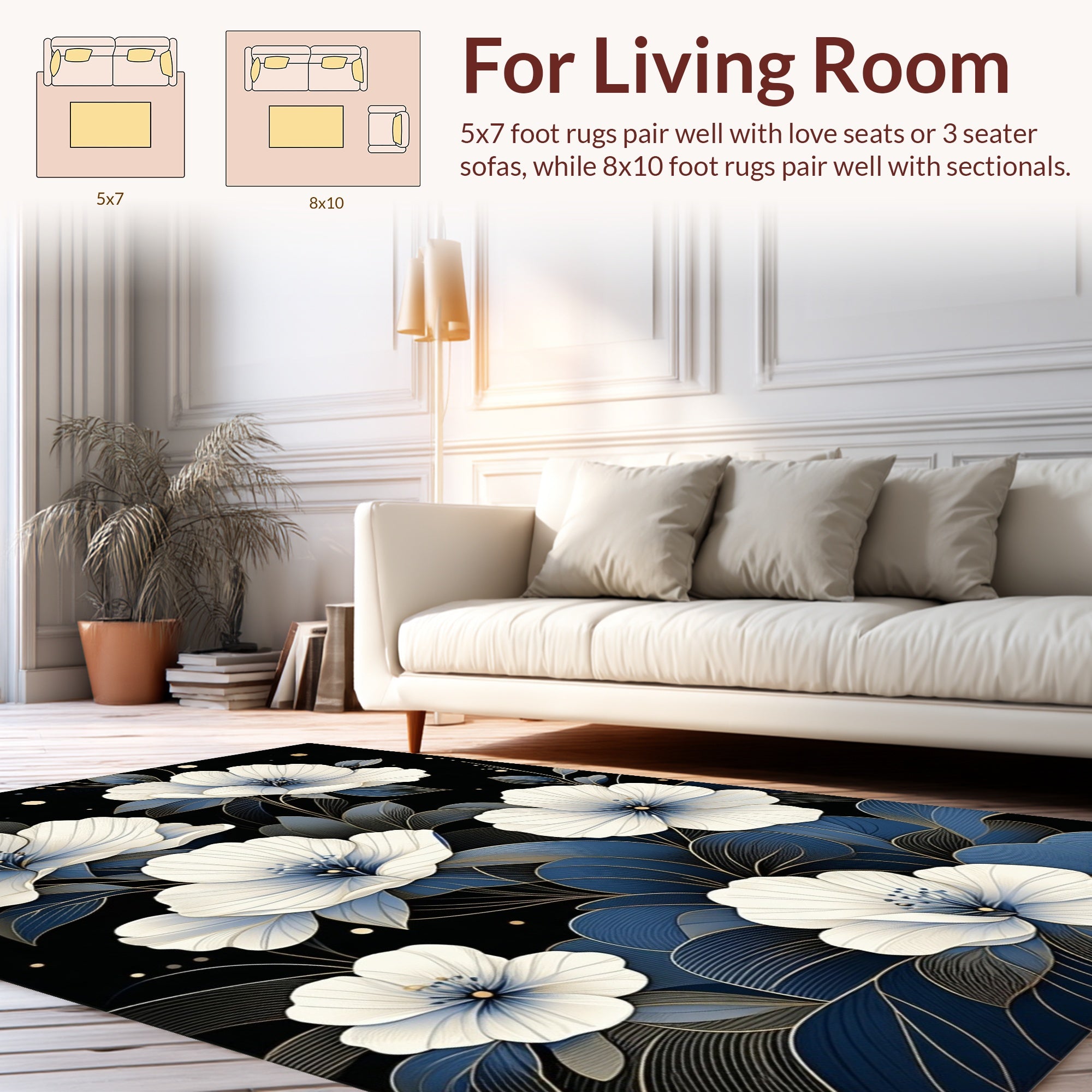 Elegant White Floral Botanical Design Rug