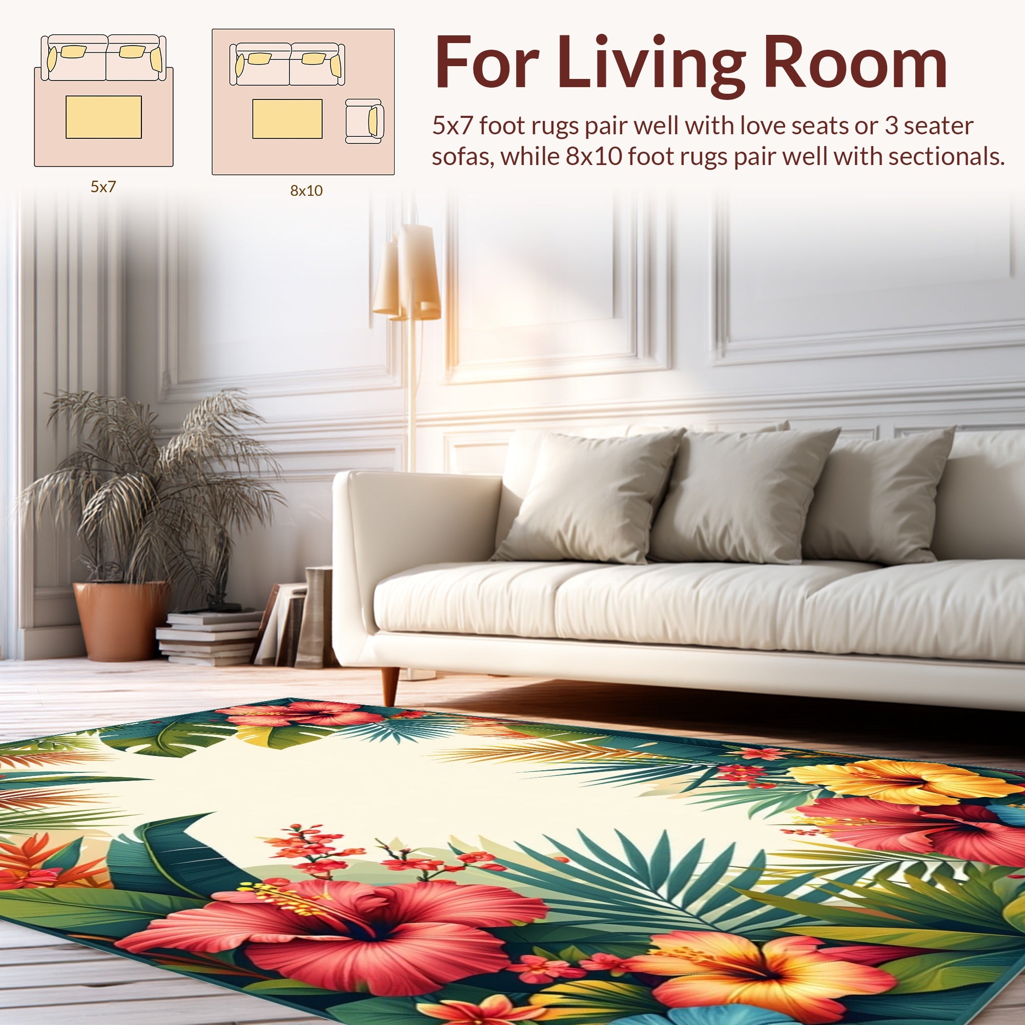 Tropical Floral Hibiscus Foliage Design Rug