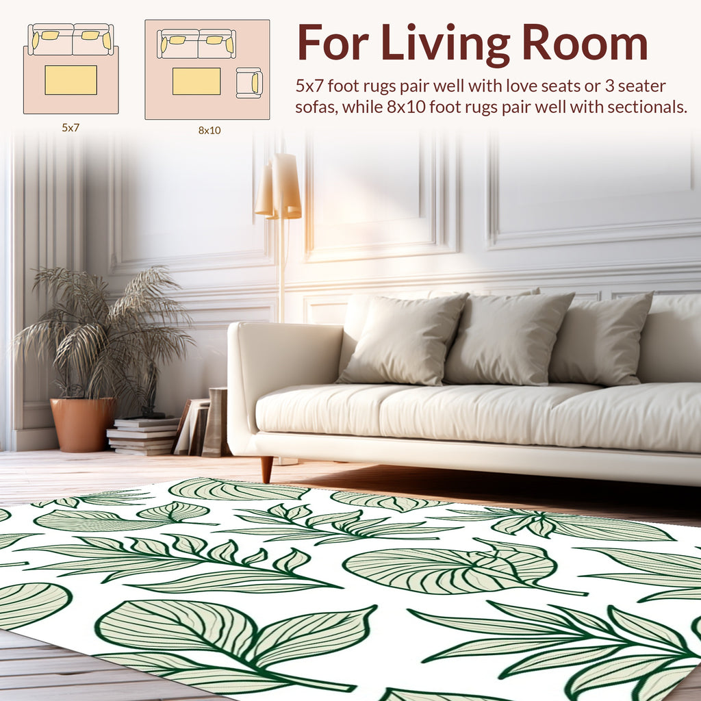 Botanical Patterned Green Leaf Design Rug