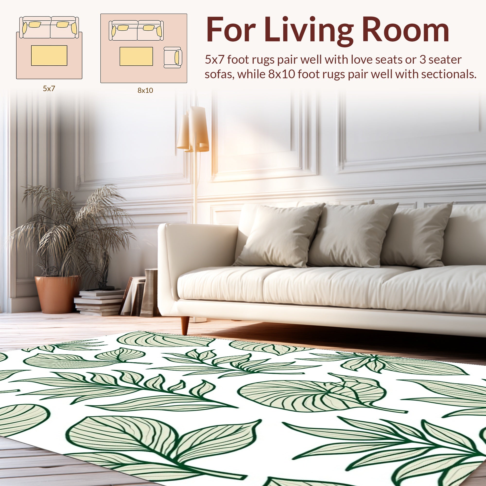 Botanical Patterned Green Leaf Design Rug