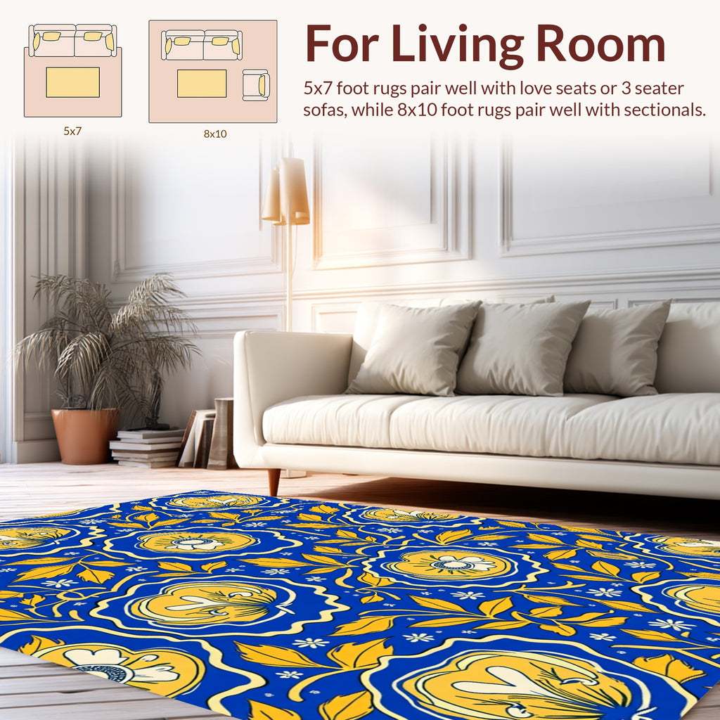Bold Floral Pattern Blue Yellow Rug