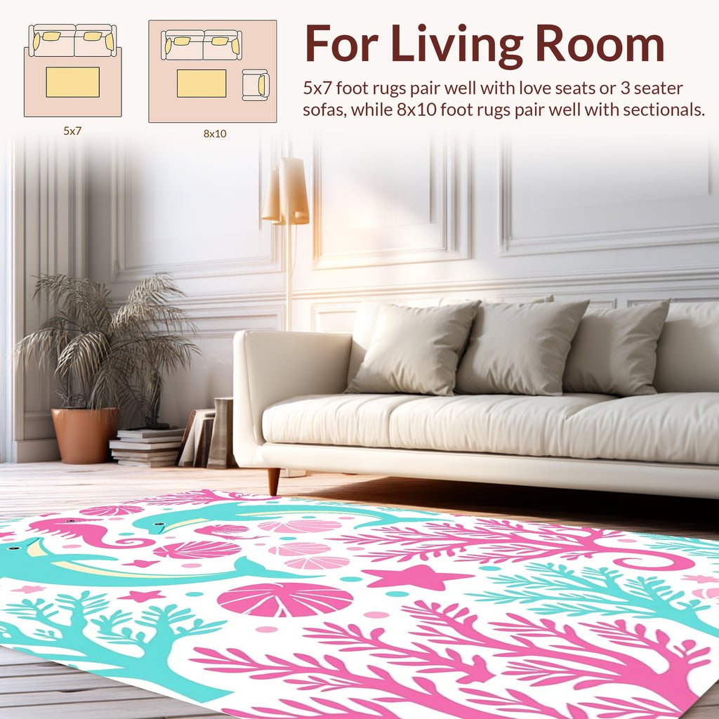 Playful Coral Dolphin Seahorse Pattern Rug