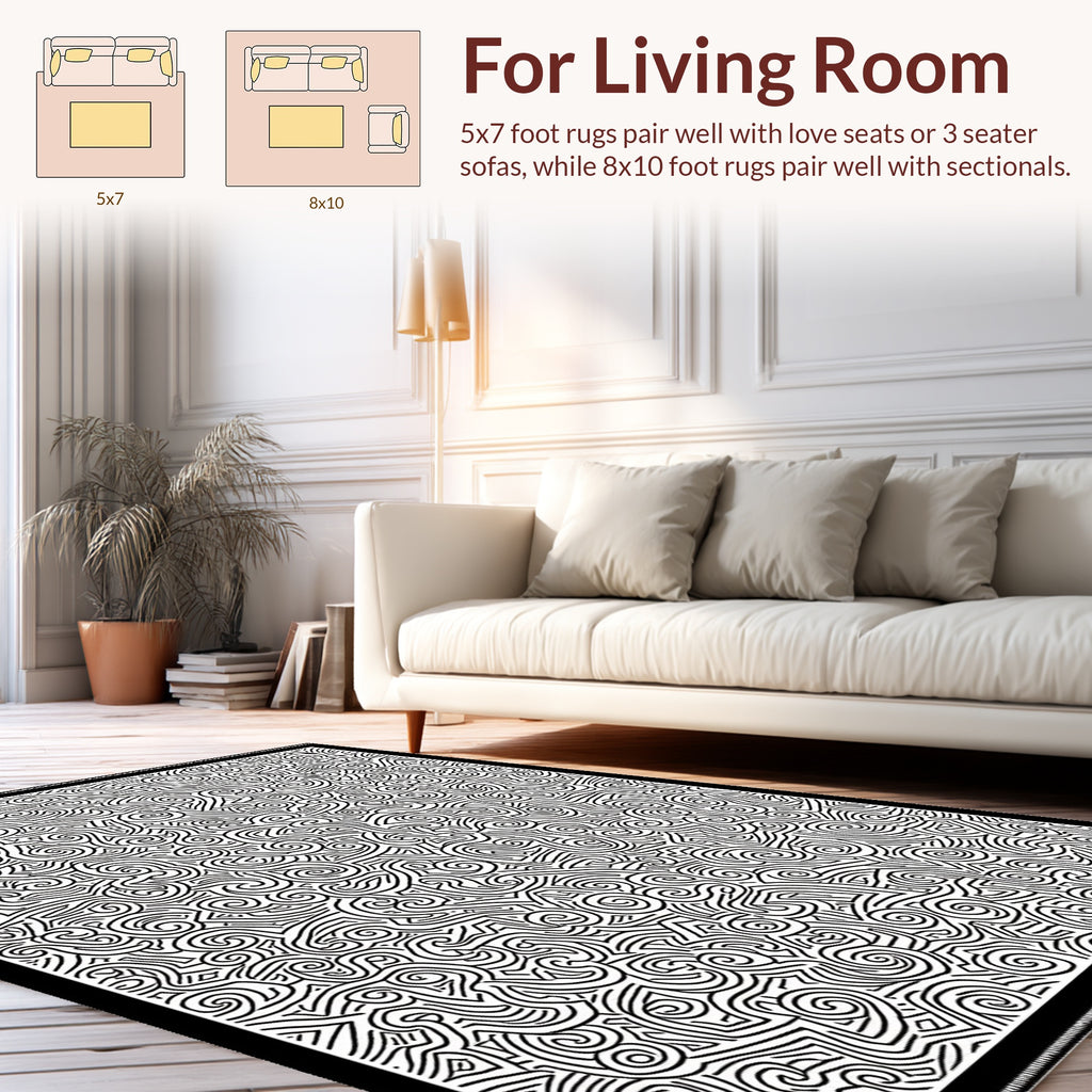 Bold Black 2-Tone Swirl Maze Pattern Rug