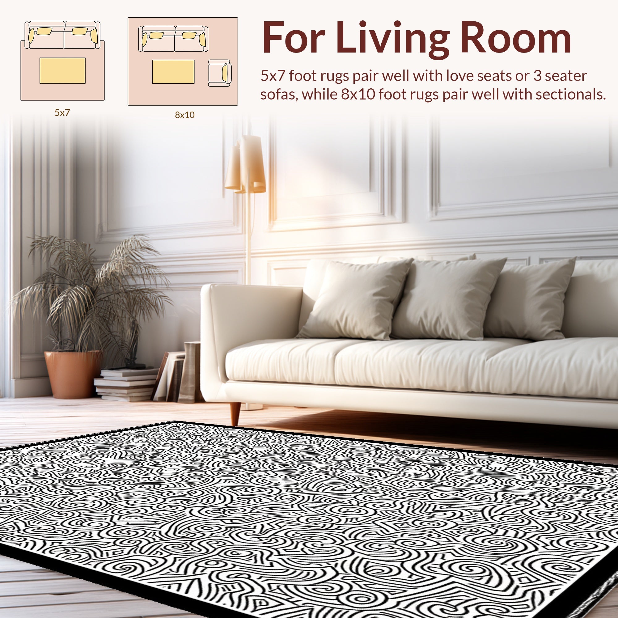 Bold Black 2-Tone Swirl Maze Pattern Rug
