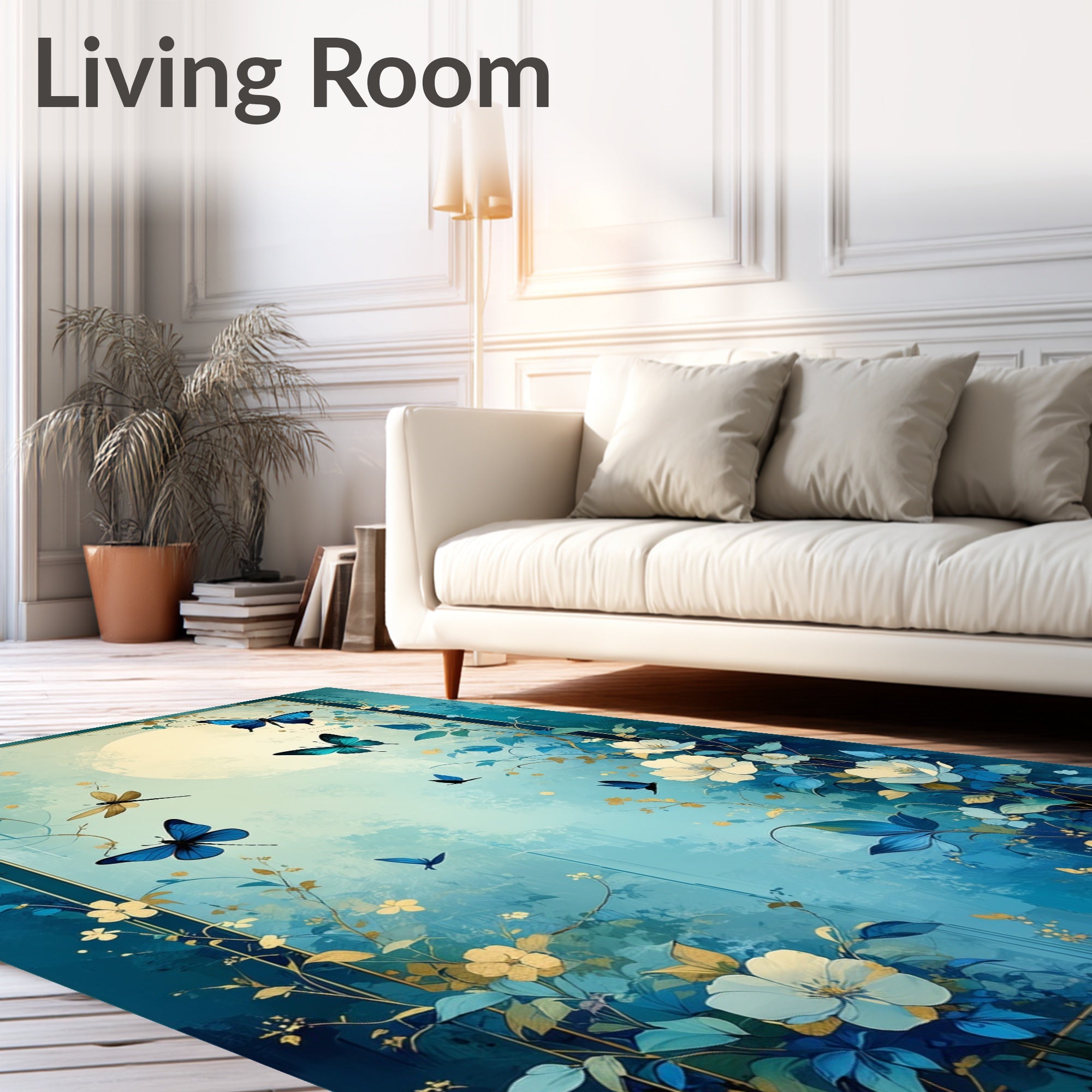 Blue Floral Butterfly Dragonfly Garden Print Rug