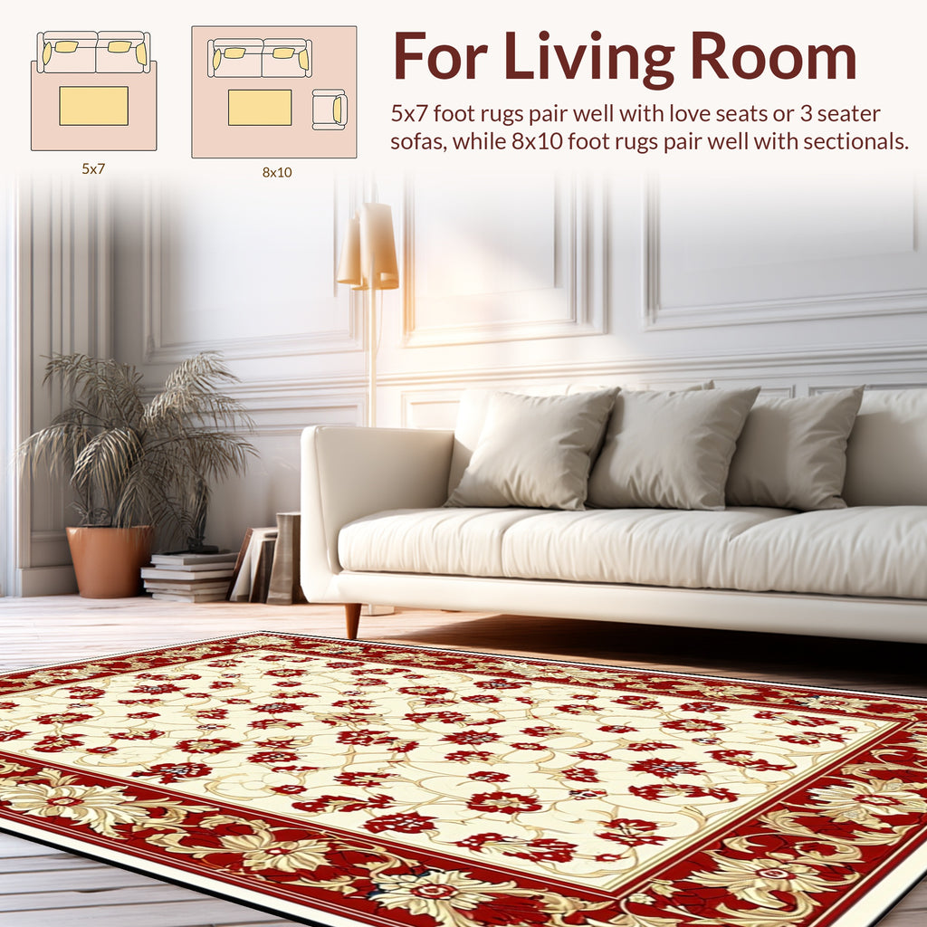 Intricate Floral Red Cream Tile Pattern Rug