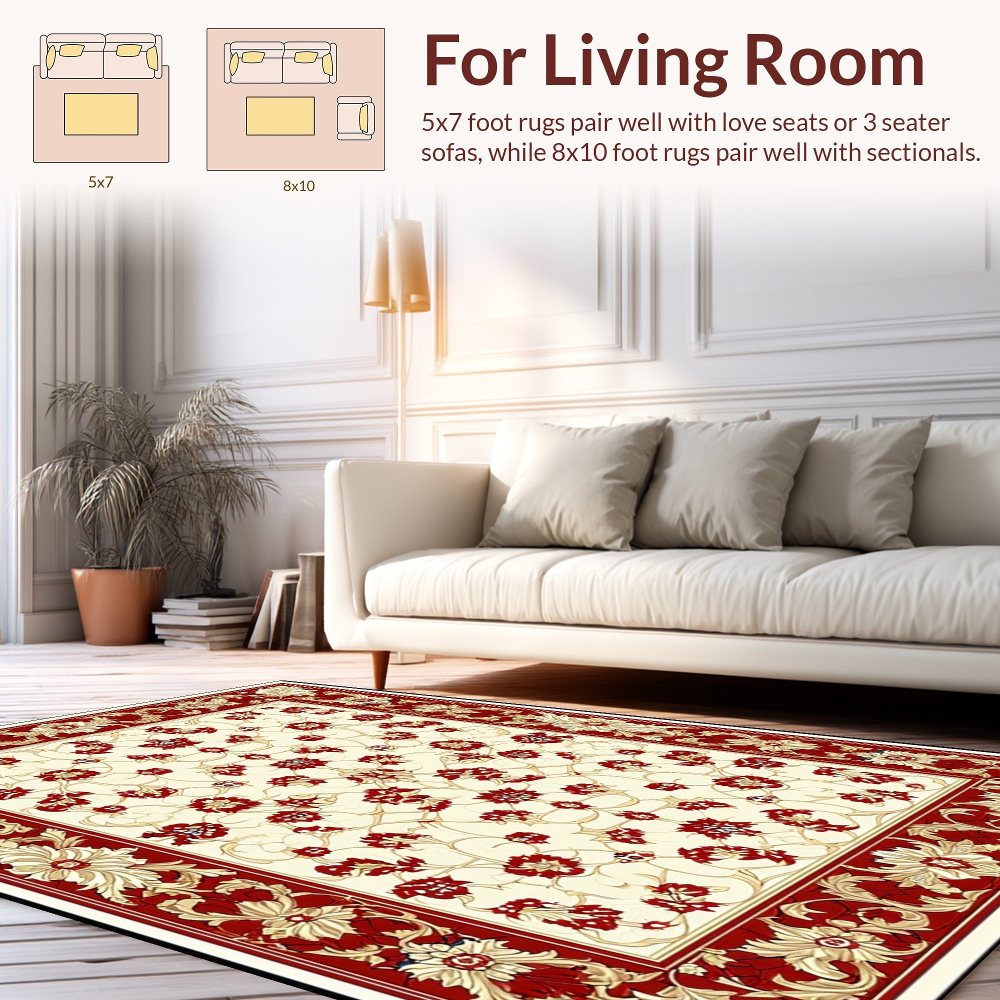 Intricate Floral Red Cream Tile Pattern Rug