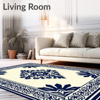 Navy Blue Floral Center Medallion Border Rug
