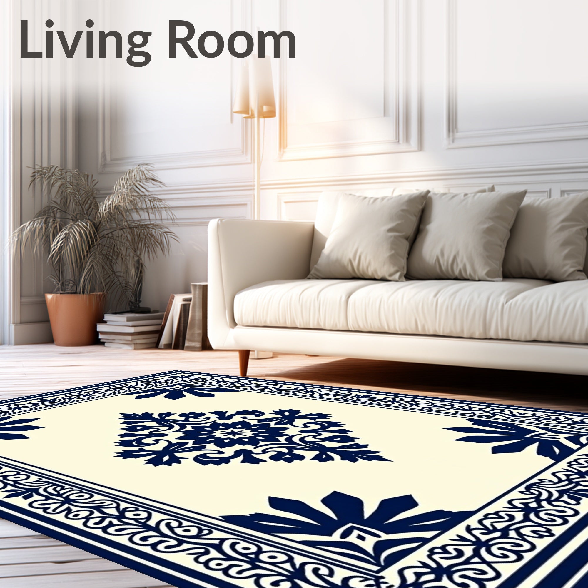 Navy Blue Floral Center Medallion Border Rug